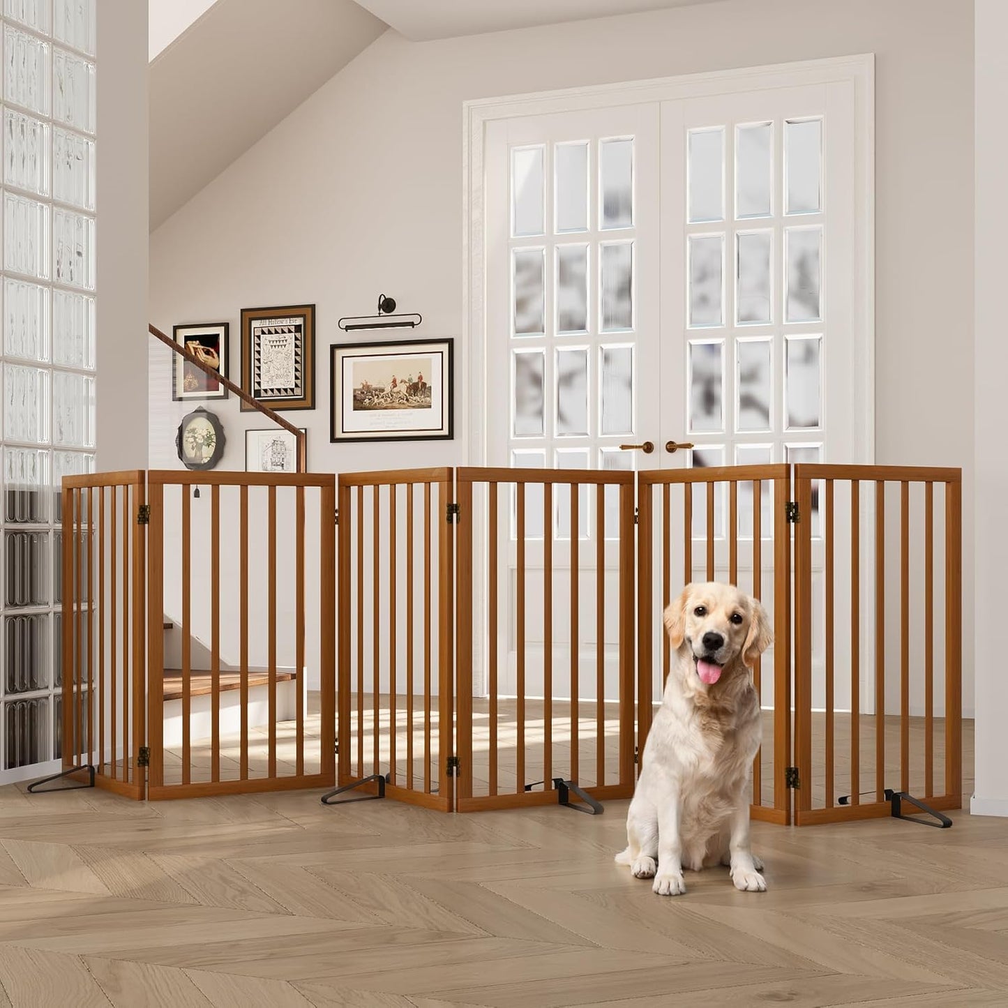 Freestanding Dog Gates Indoor, 3-Panel Pet Gates with 2 Metal Stands and 360° Hinge, 24" H Foldable Dog Gate for Stairs, Doorway, Kitchen, Expands Up to 55" Fully Assembled - Black Walnut