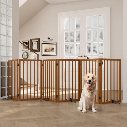 Freestanding Dog Gates Indoor, 3-Panel Pet Gates with 2 Metal Stands and 360° Hinge, 24" H Foldable Dog Gate for Stairs, Doorway, Kitchen, Expands Up to 55" Fully Assembled - Black Walnut