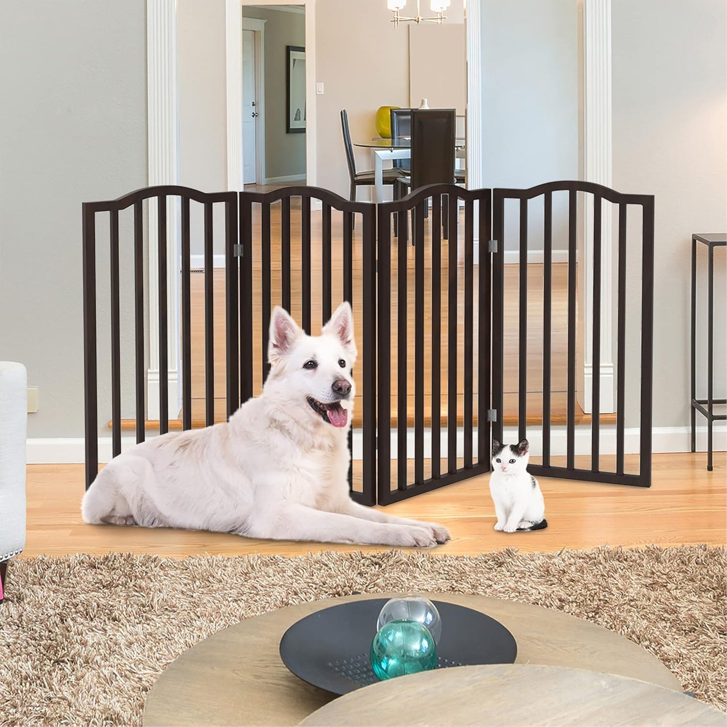 Indoor Pet Gate - 3-Panel Folding Dog Gate for Stairs or Doorways - 54x32-Inch Tall Freestanding Pet Fence for Cats and Dogs by PETMAKER (Brown)