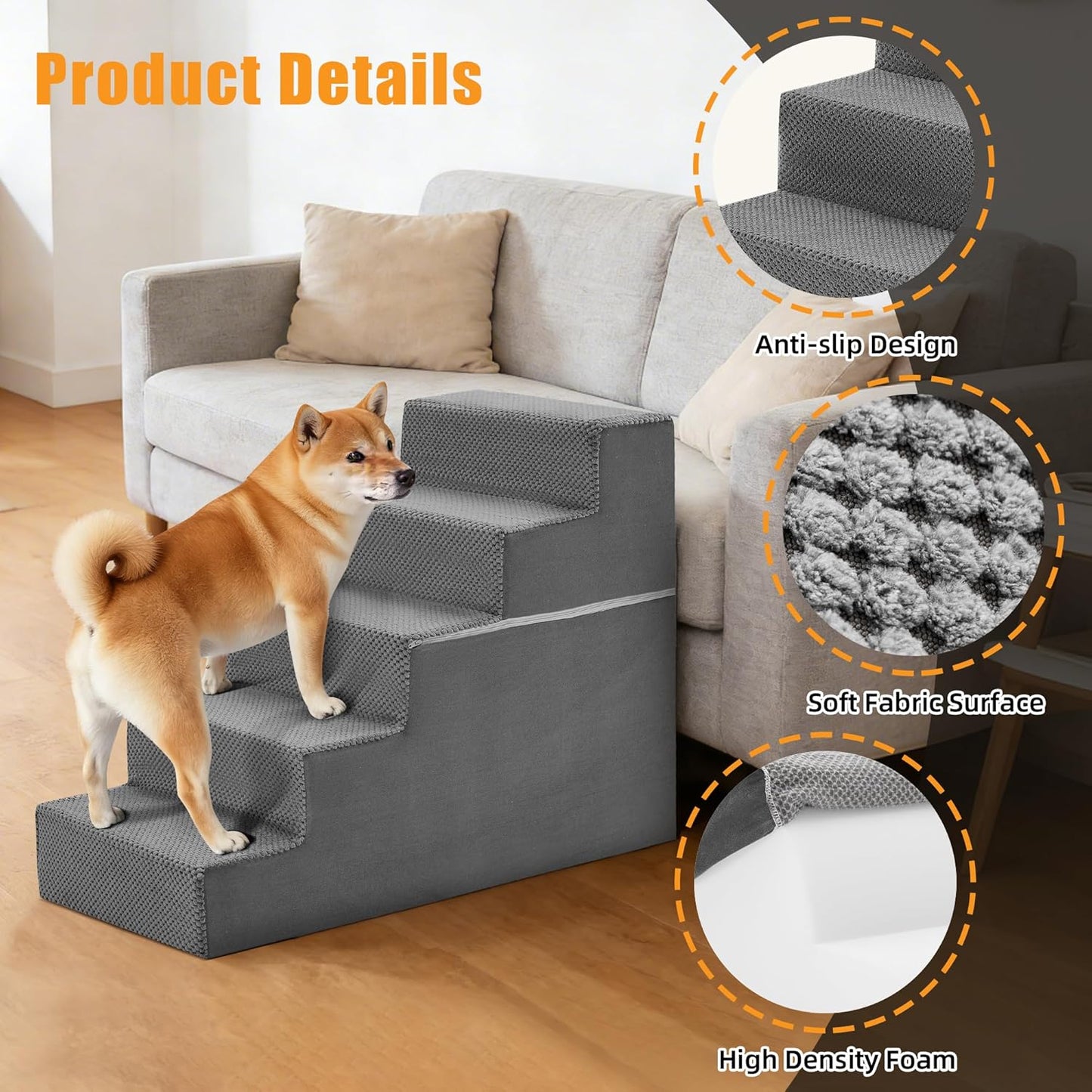 NEWBULIG 3-Step Dog Stairs, 15.7" H Dog Steps for Sofa and Chair, Non-Slip Sturdy Pet Steps for Small Dogs and Cats, Pet Ramp for High Bed Indoor(Grey)
