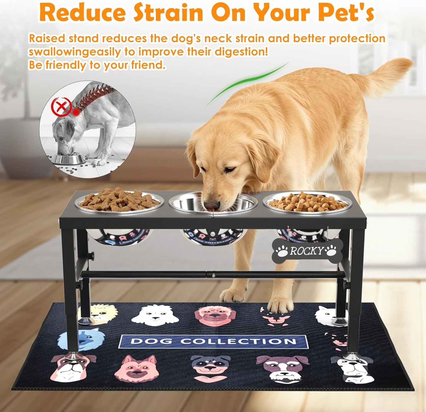 ADENGL Metal Raised Dog Bowl, 10" Tall Elevate Dog Feeder Stand with 2 Stainless Steel 42oz Bowls & 16x24 Non-Slip Mat – Stronger Dogs Food & Water Bowl Stand (Black)