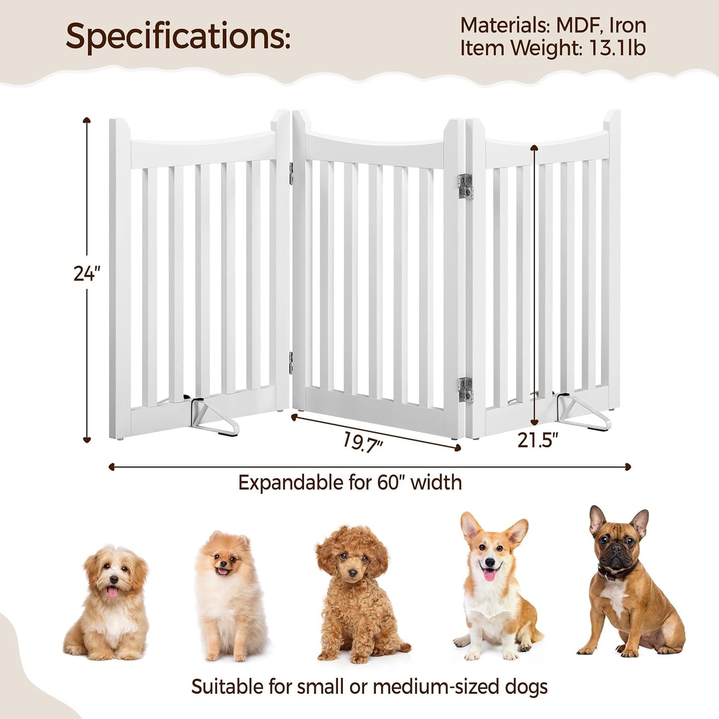 Yaheetech Freestanding Pet Gate 3-Panel Wooden Dog Fence with 2 Support Feet Folding Dog Gate for Indoor, Stairs, Doorways, Halls, Kitchen Wooden Pet Barrier White 36" H