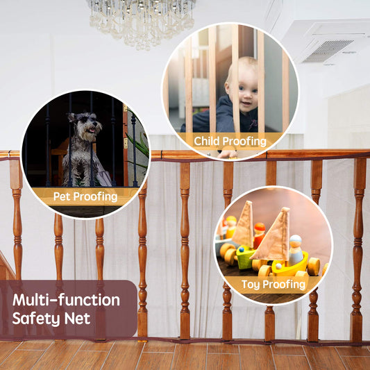 Baby Gates for Stairs with Banister, Guard Safety Net for Baby, 10ft x 3ft Stair Railing Mesh Barrier for Kids, Cats, Dogs, Child Safety Rail Guard - Dark Brown
