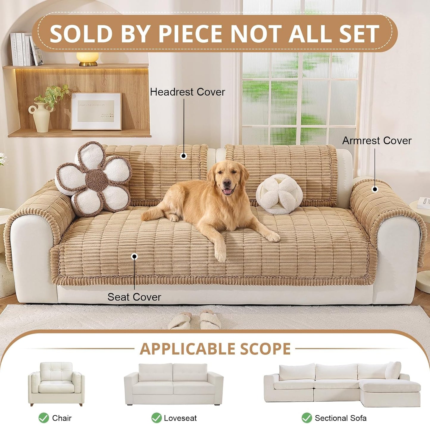 OstepDecor Couch Cover for Dogs, Washable Non Slip Sofa Cover for Pets, Soft Couch Covers for Sofa, Loveseat and Sectional, Furniture Protector Against Pet Hair & Scratches (27.6" x 27.6", Khaki)