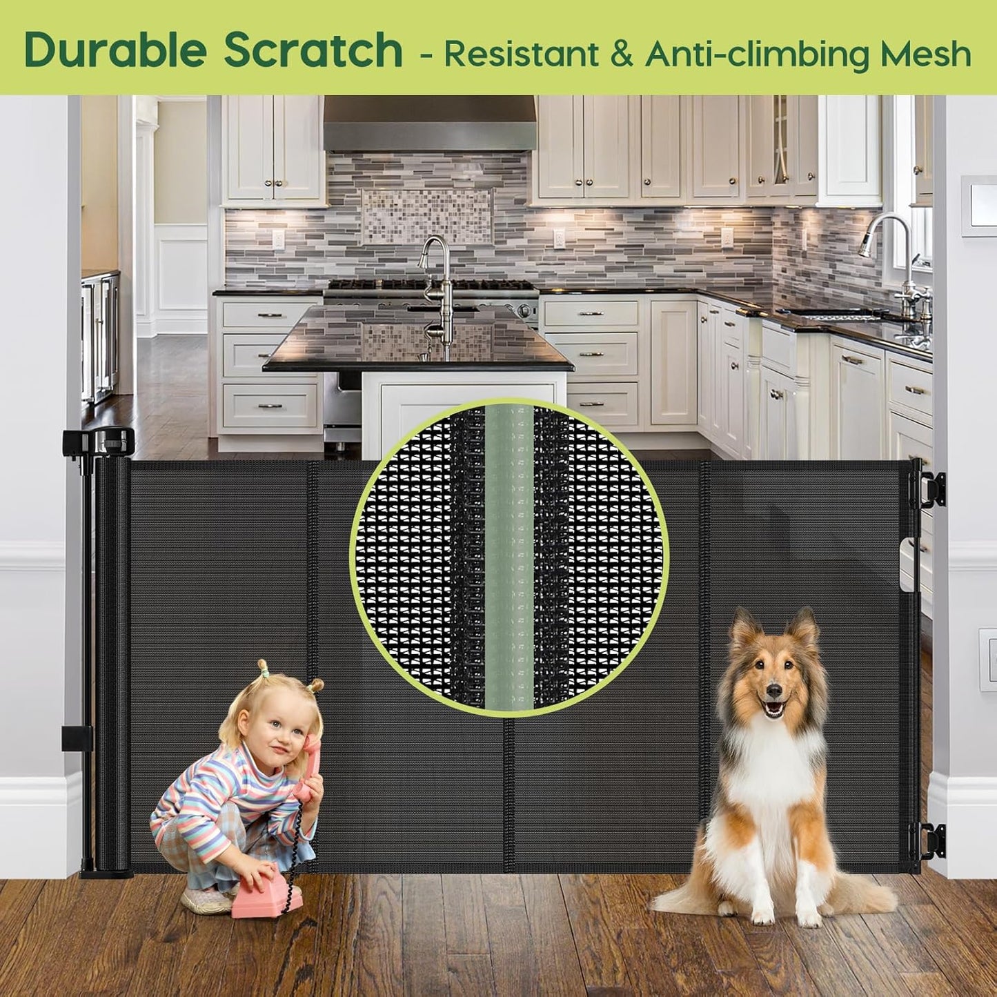 Reinforced 80 Inch Retractable Baby Gate Extra Wide Baby Gate for Wide Openings, Indoor/Outdoor Retractable Dog Gate for Doorway, Mesh Dog Gate Indoor Prevent Babies/Pets from Crawling Under, Black