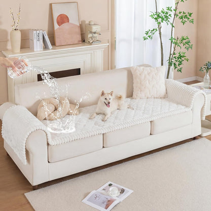 PuTian 100% Waterproof Fuzzy Couch Cover for Dogs Washable Non-Slip Furniture Cover Pet Friendly Dog Mat for Couches and Sofas White 27.6''x59'' 70cmx150cm