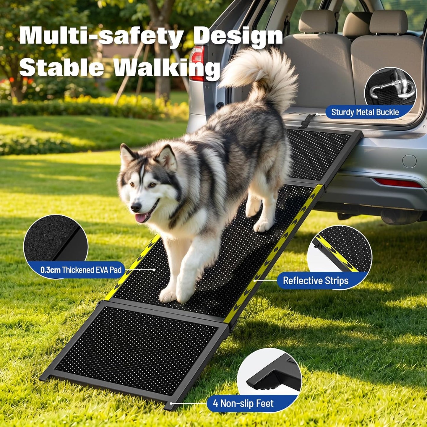 Extra Long Dog Car Ramp, Wide Outdoor Portable Pet Ramp 74" L x 20" W for Large Dogs, Lightweight Non-Slip Mesh Surface Supports Up to 250LBS, Foldable Dog Ramp for SUV, Truck, RV & High Bed, Black