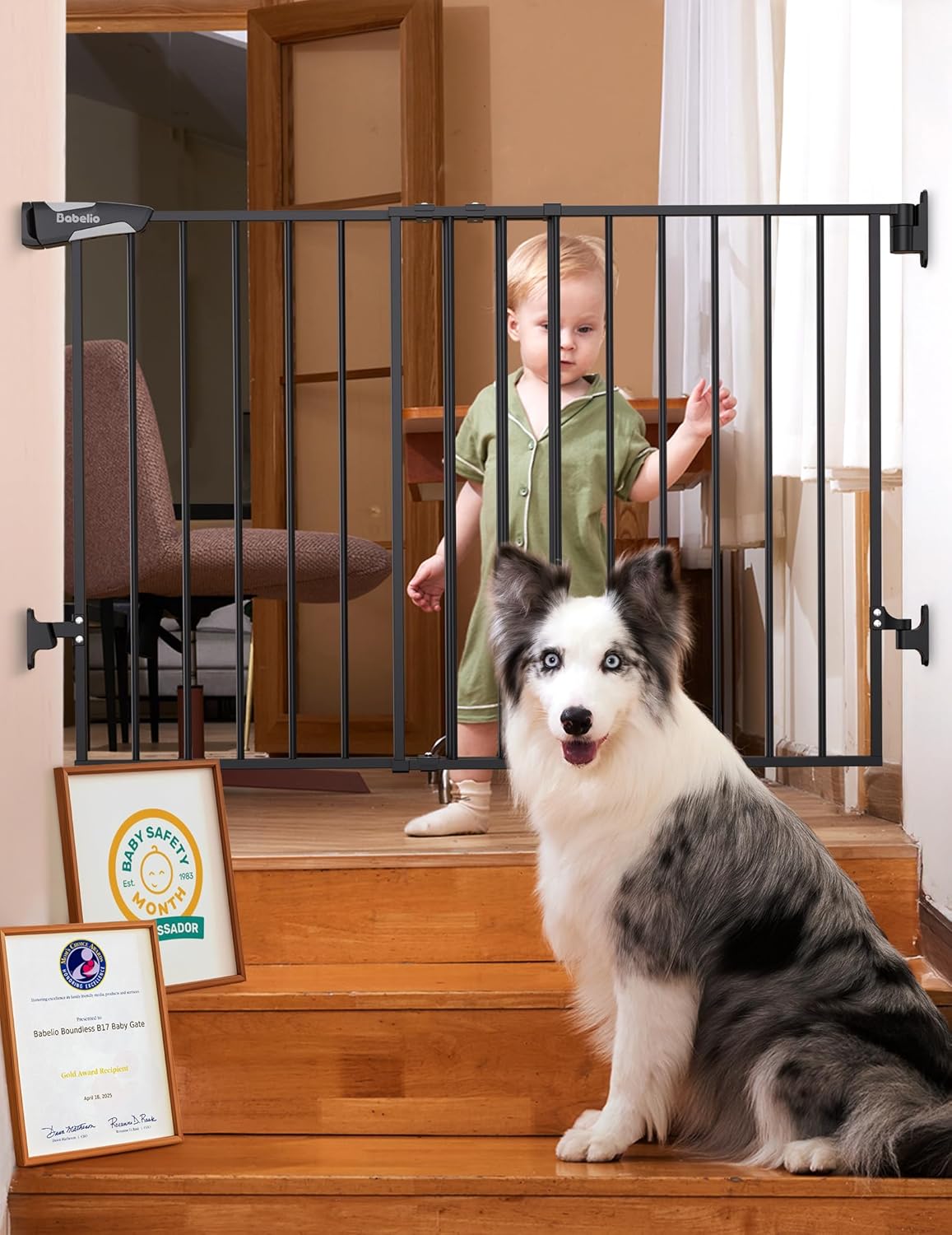 Babelio Baby Gate for Stairs, Kitchen & Doorways, 26-43" W 28" H No Bottom Bar| Easy Installation| One-Handed Operation| Auto-Close| Hardware Mount (Drill Needed) Safety Dog/Pet Gate Indoor (White)