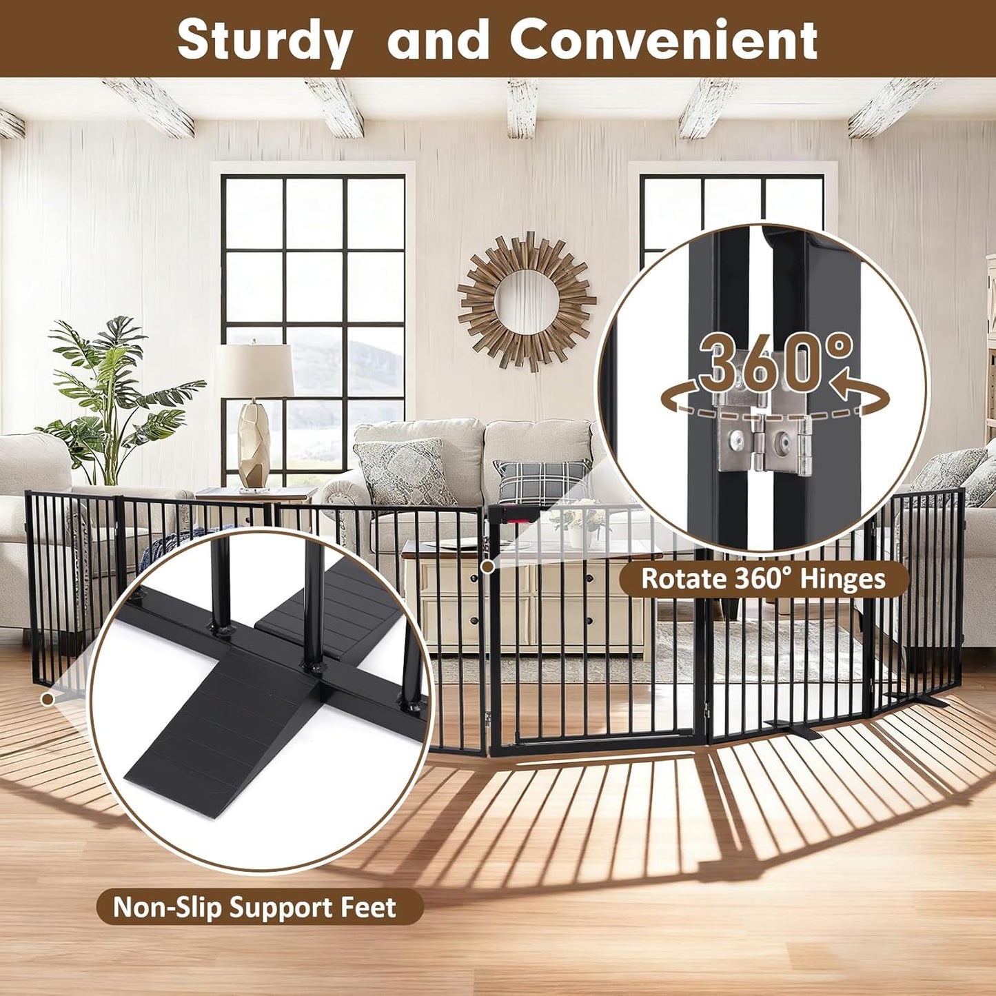 104" Extra Wide Dog Gate, Heavy Duty Metal Freestanding Dog Gate with Door for Indoor & Outdoor, Foldable Pet Fence for Doorways,House,Porch,Deck,Yard,Stairs, Auto Close(4 Panels,Black)