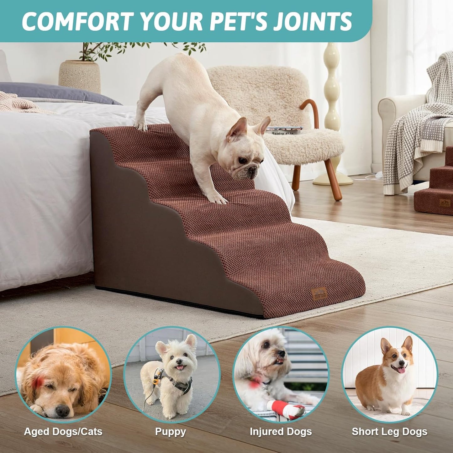 COZY KISS Extra Wide Dog Stairs with Tunnel, Foam Detachable Large Dog Step for Small Pet, Puppy or Cats, Medium Pet Ramp for High Bed, Couch, Sofa or Car, 19.7x33x22.4 inch, 5 Step, Beige