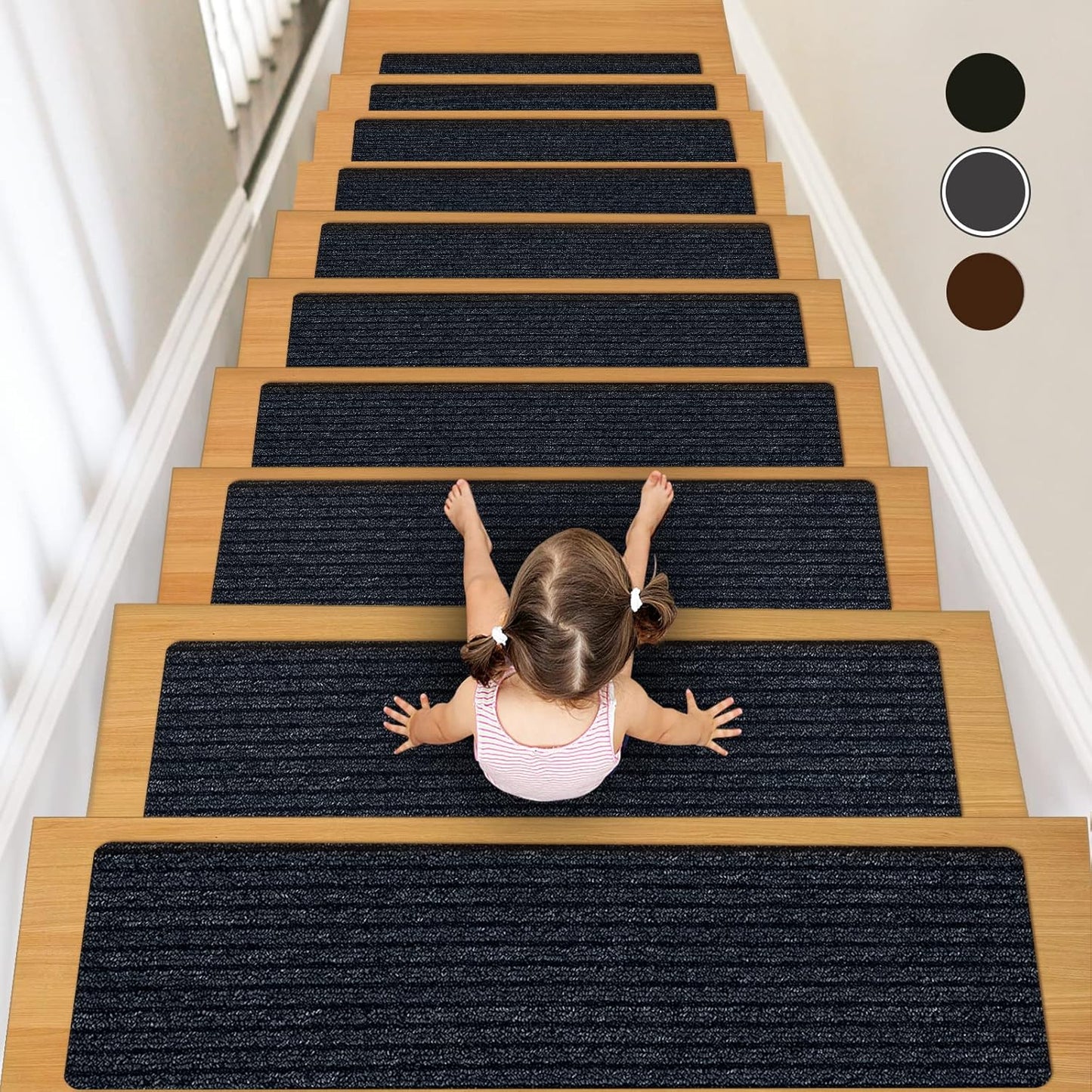 Stair Treads for Wooden Steps Carpet, Non-Slip Stair Runner Indoor Outdoor Stair Tread Mats Covers Pads, 19" x 31"Matching Landing Step Runner for Elders, Kids and Dogs (19" x 31", Black)