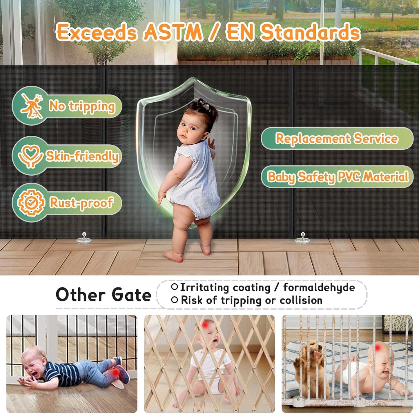 Retractable Baby Gates Extra Wide 150" × 34" Tall for Large Opening 12.5 Foot Retractable Dog Gate for Doorways, Stairs, Aisle, Indoor/Outdoor Retractable Gate for Garage, Hallways, Deck