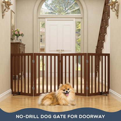 Homykic Bamboo Freestanding Dog Gate, No Assembly Pet Gate Indoor, 24”H x 75”W Extra Wide Foldable Puppy Fence with Support Feet for the House, Doorways Stairs, 4 Panels, No Drilling, Espresso