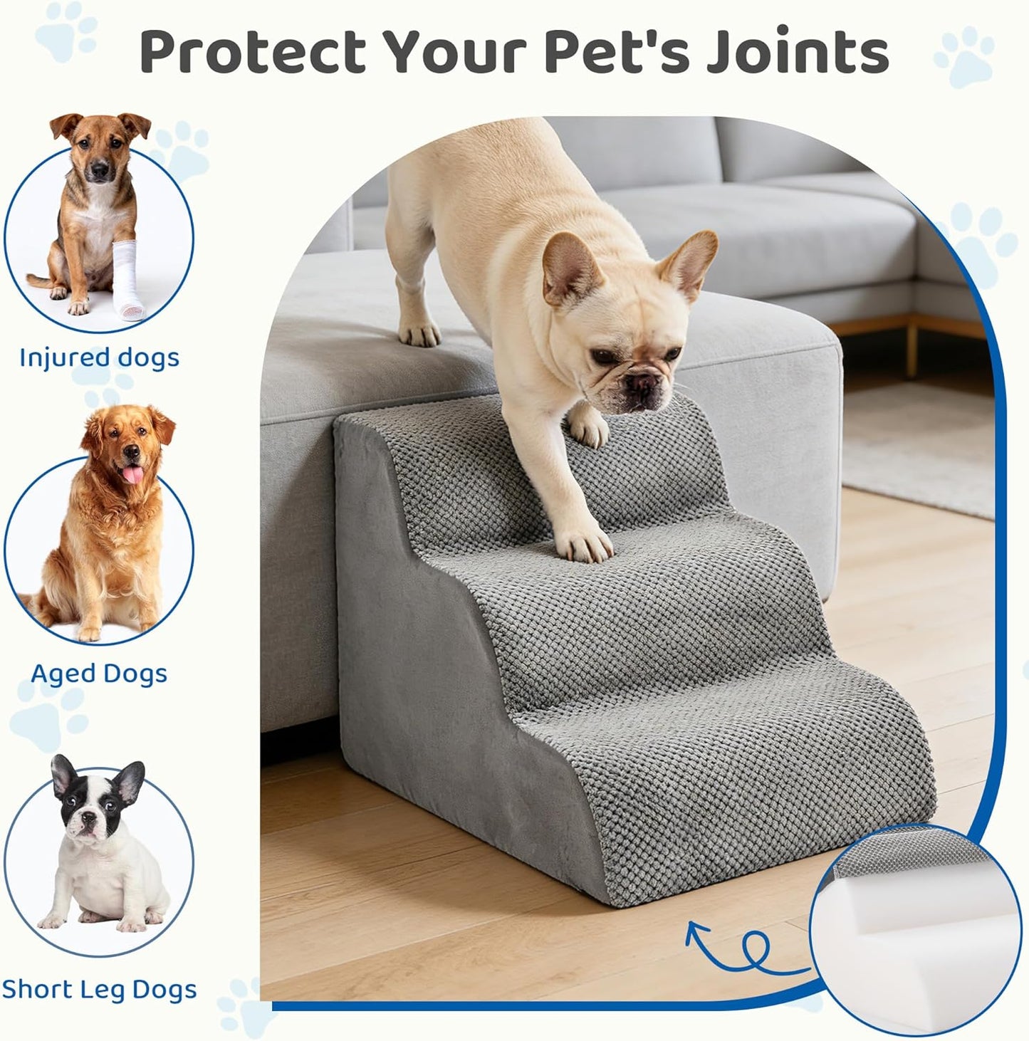 DUMOS Dog Stairs for Small and Medium Dogs, 3-Step Pet Steps with High-Density Foam, Indoor Non-Slip Pet Ramp for Puppy and Older Dogs Cats, Dog Bed Stairs for Couch and Sofa, Grey