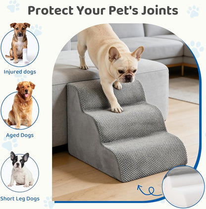 DUMOS Dog Stairs for Small and Medium Dogs, 3-Step Pet Steps with High-Density Foam, Indoor Non-Slip Pet Ramp for Puppy and Older Dogs Cats, Dog Bed Stairs for Couch and Sofa, Grey