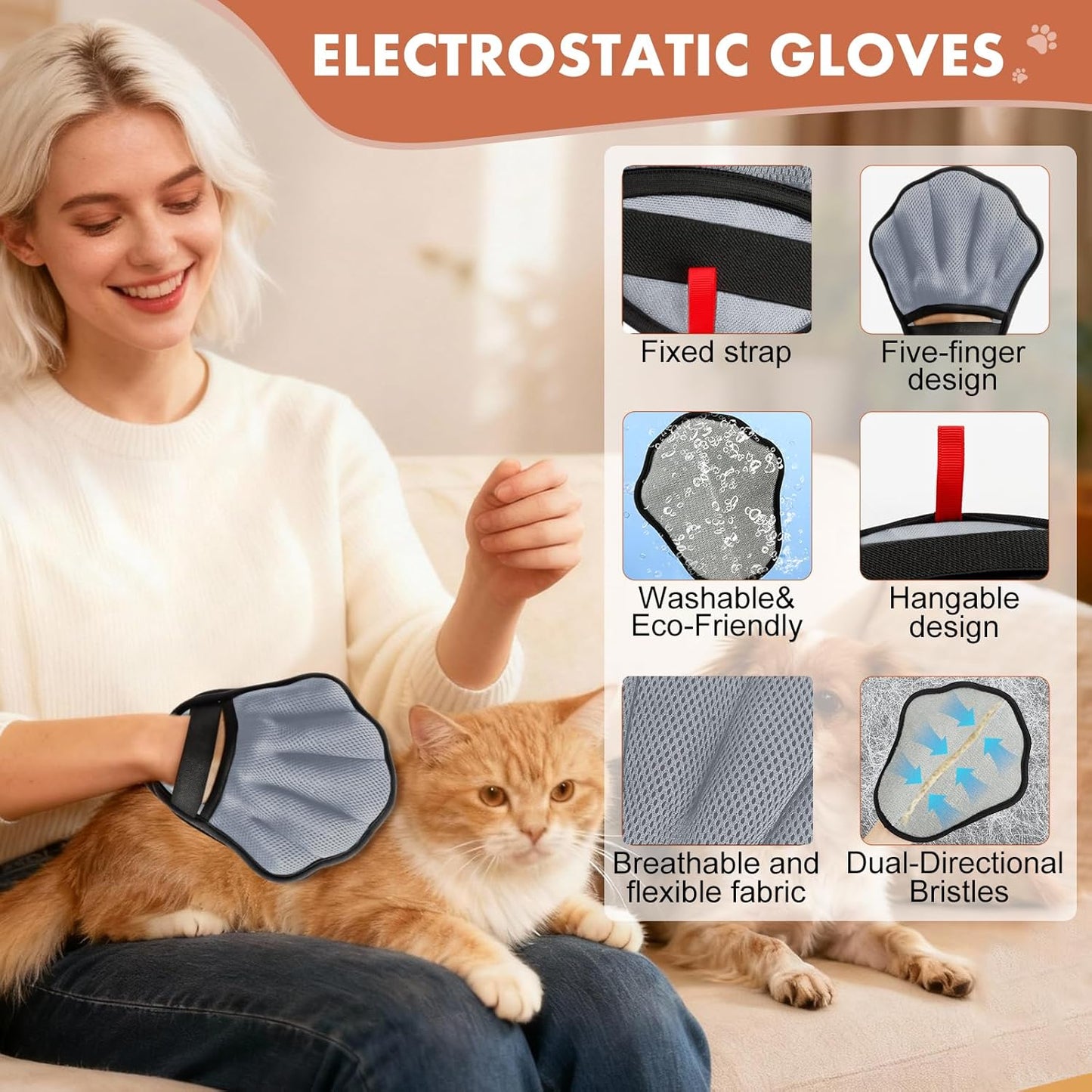 Pet Hair Removal Glove, Electrostatic Pet Hair Remover Glove for Cats & Dogs, Pet Hair Remover Tool for Laundry, Couch, Carpet, Car Seat - Upgraded Five-Finger, Reusable, Black+Black