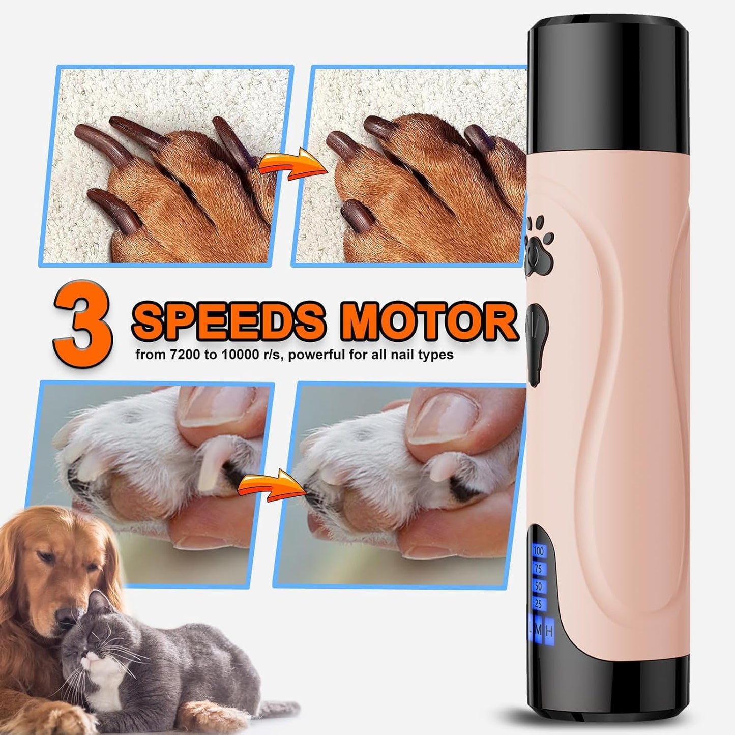 YABIFE Super Quiet Dog Nail Grinder & Clippers Kit with 2 LED Lights, 3 Speeds Up to 12,000 RPM, Lower Than 30dB Electric Pet Nail Trimmer for Small Medium Large Dogs and Cats