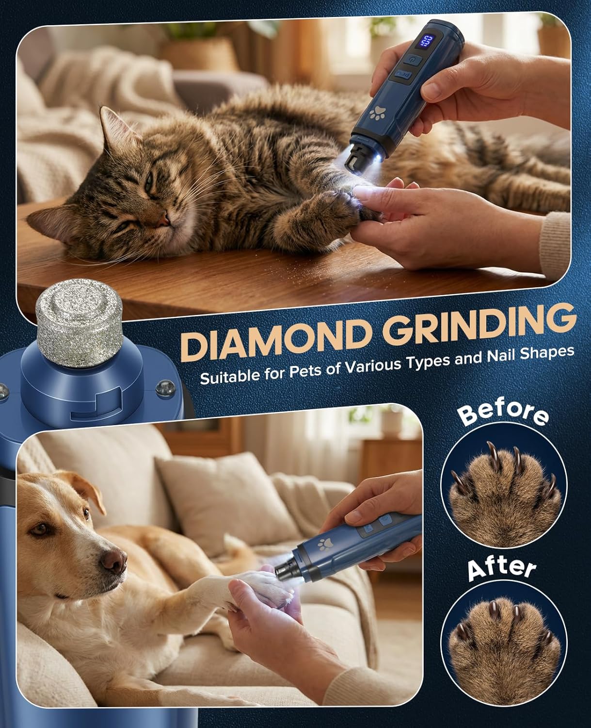 Dog Nail Grinder with 2 LED Lights, Upgraded 2-Speed Rechargeable Pet Nail Trimmer Quiet for Paw Grooming, Powerful Painless Nail Clipper Kit for Small, Medium, Large Dogs & Cats