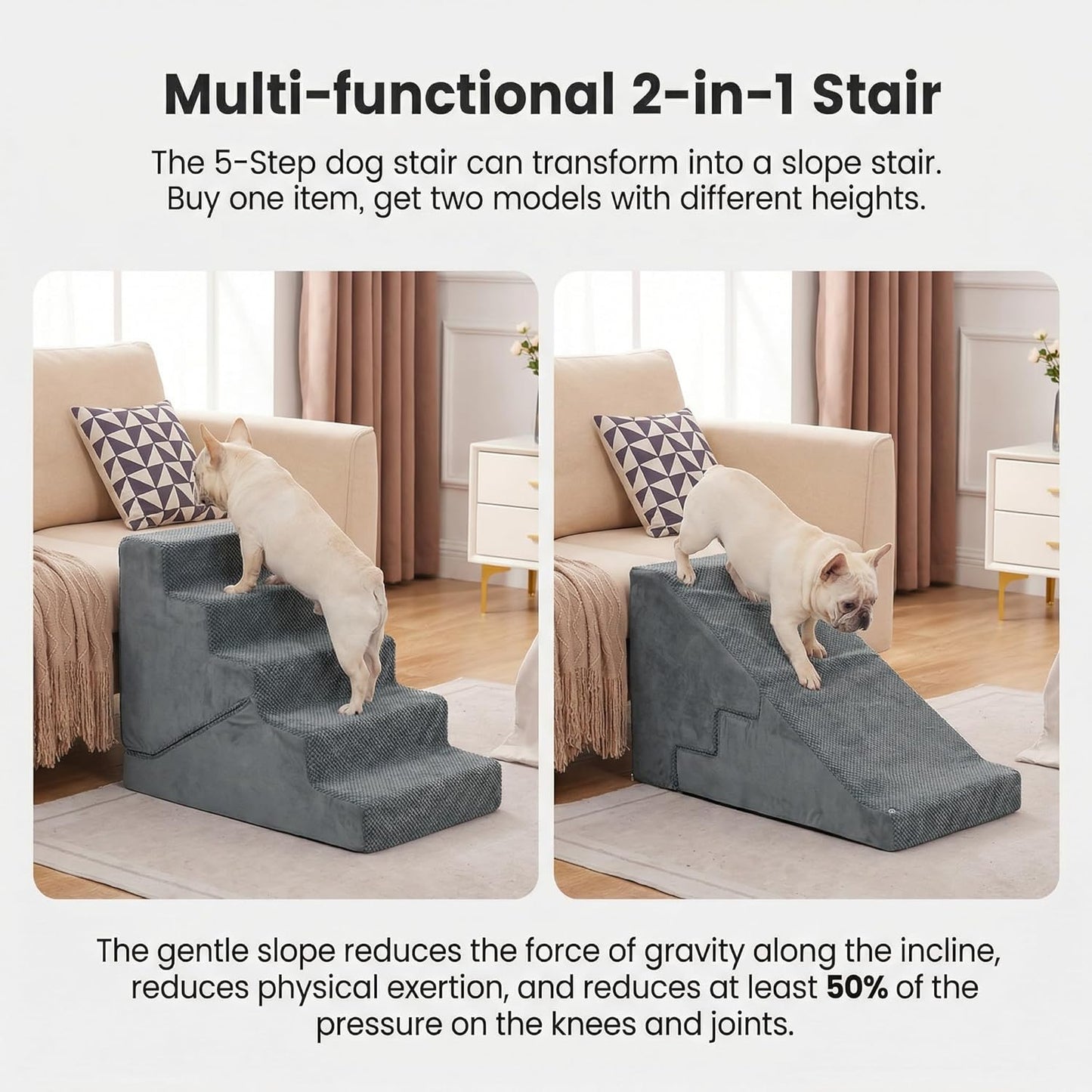 Dog Stairs for Small Dogs, 6-Step Dog Steps for High Bed, High-Density Foam Pet Stairs with Non-Slip Removable Washable Cover to Get on Bed