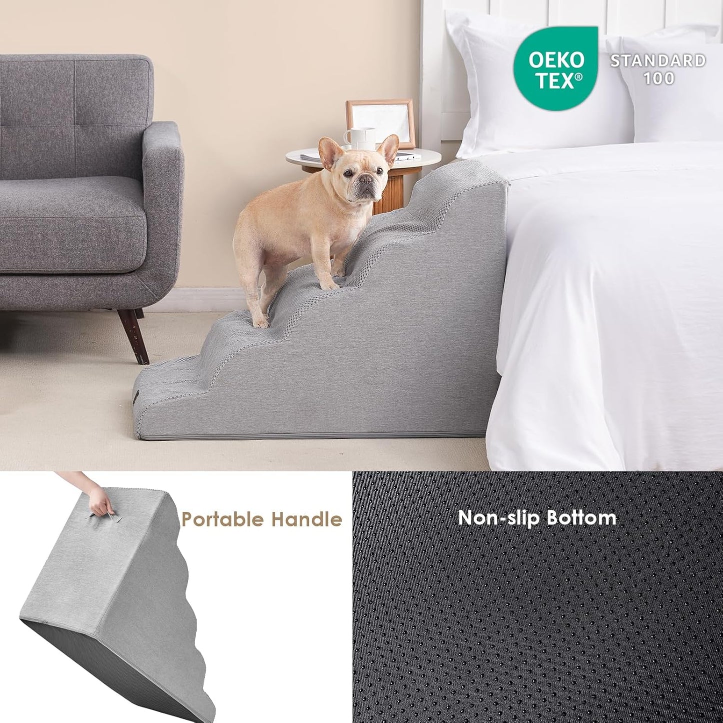 EHEYCIGA Curved Dog Stairs Ramp for High Beds 19.7" H, 4-Step Dog Steps for Small Dogs and Cats, Pet Stairs for High Bed Climbing, Non-Slip Balanced Pet Step Indoor, Grey