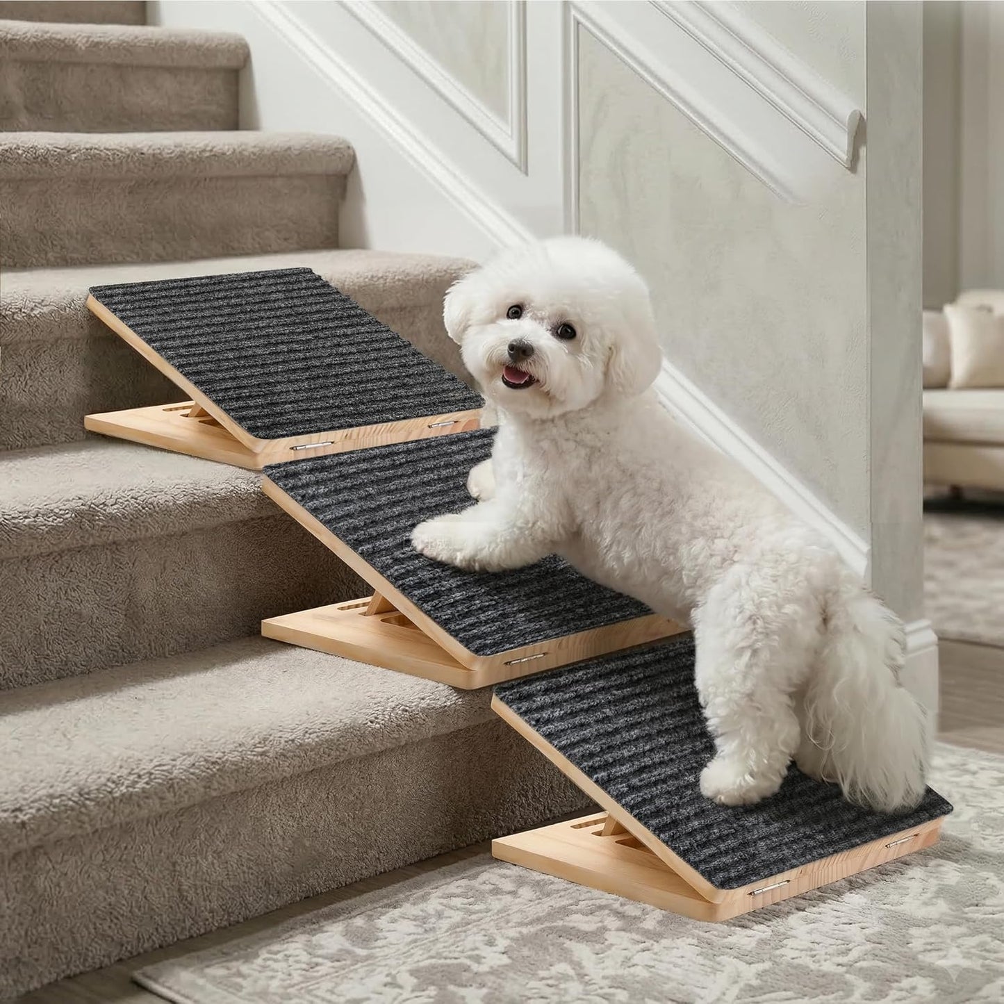 Dog Ramp for Stairs 2 Pack - Adjustable Wooden Stair Wedges for Small Dogs, Foldable Indoor Dog Stair Ramp with Triangular Support and Non-Slip Pads for Senior and Short-Legged Pets