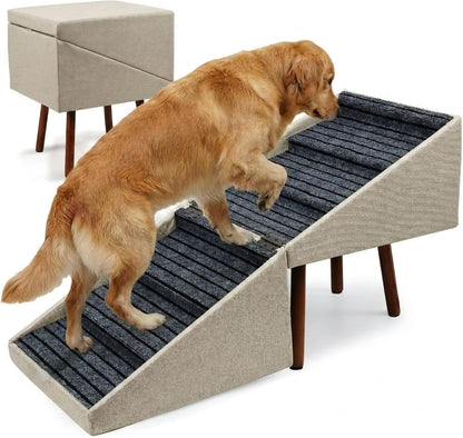 Dog Stairs for High Bed, 2-in-1 Ottoman Dog Stairs, 21 Inch Working Height, 6 Steps and Non-Slip Design for Large Dogs, Wooden Pet Furniture