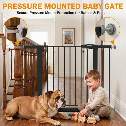 Mumeasy 29.7-46" Baby Gate for Stairs, Pressure Mounted Dog Gate for Doorways, Auto Close Walk Through Pet Gate Indoor, Extra Wide Metal Child Safety Gate, Mom's Choice Awards Winner, Black