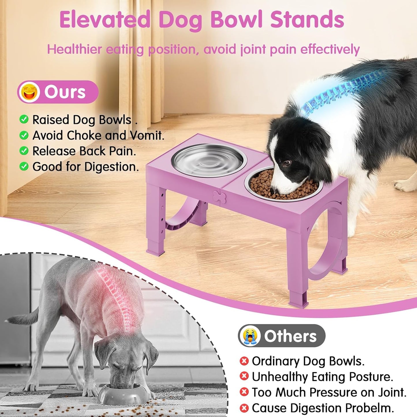 XIAZ Elevated Dog Bowls Large Breed Raised Dogs Bowl Stand Large/Medium Sized Dog Slow Feeder Dogs Bowls Food Water Stands 5 Heights Adjustable 9/11/12/14in Pet Feeder Dish Station