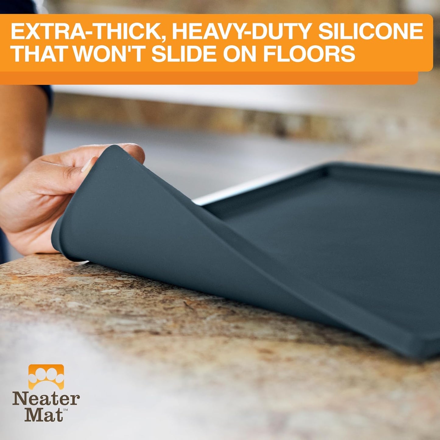Neater Pet Brands Neater Mat Cat & Dog Food Mat, Waterproof & BPA-Free Silicone Placemat with Raised Edge for Under Food and Water Bowls, 19" x 12", Gunmetal Grey