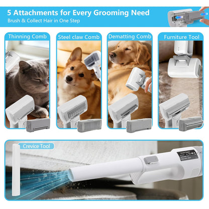 Deshedding Brush with Vacuum Suction, 5-in-1 Pet Hair Removal Tool for Dogs Cats, Cordless Undercoat Rake Removes Loose Hair, 9Kpa Pet Vacuum Cleaner for Furniture Carpet, Washable