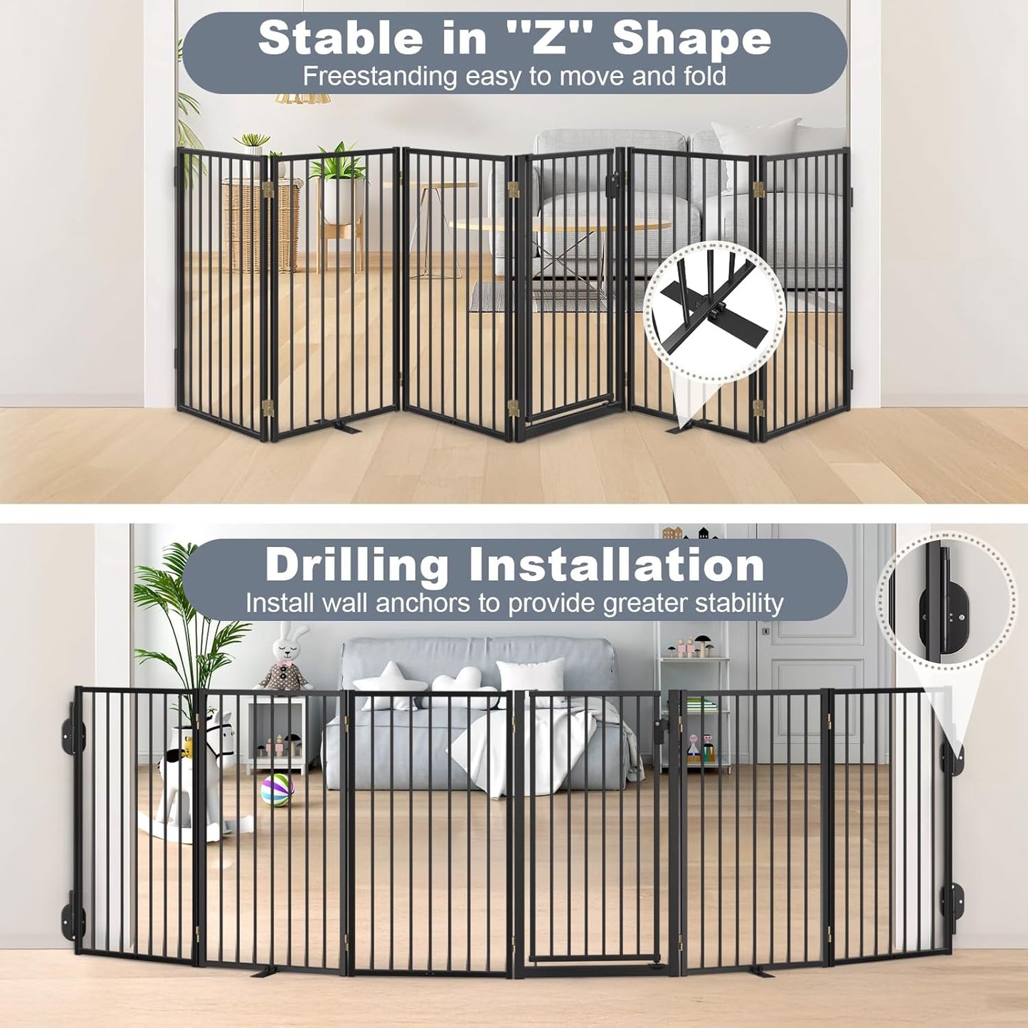 Metal Freestanding Dog Gates with Door for Outdoor Indoor,80'' Extra Wide 32'' Tall Free Standing Dog Gate for Doorways,Large Openings,Deck,Yard,Foldable Safety Pet Fence(Black,4 Panels)