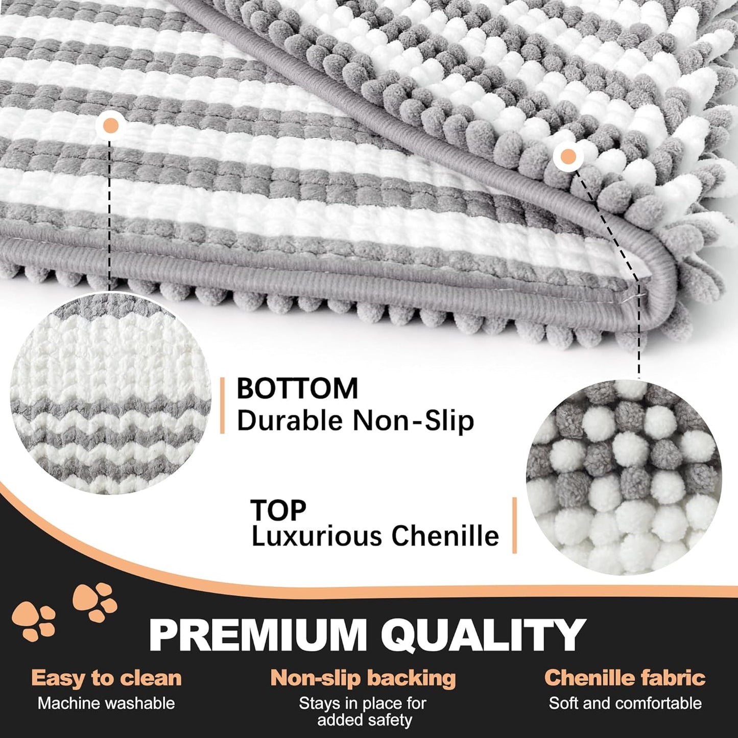 pobopobo Dog Door Mat for Muddy Paws - Absorbent & Washable Chenille Rug, Non-Slip Dirt Trapper for Indoor Outdoor Entryway, Quick Dry Pet Mat for Muddy Dogs (Striped Gray-Blue&White, 24" x 16")