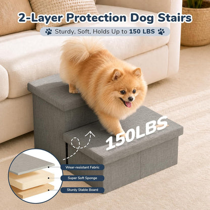 3-Step Wide Dog Stairs with Hidden Storage 18" H, Non-Slip Dog Steps for High Bed Couch Window Car, Jiont-Friendly Pet Stairs Ramp for Small/Medium/Large Old Dogs Cats Up to 200lbs, Grey