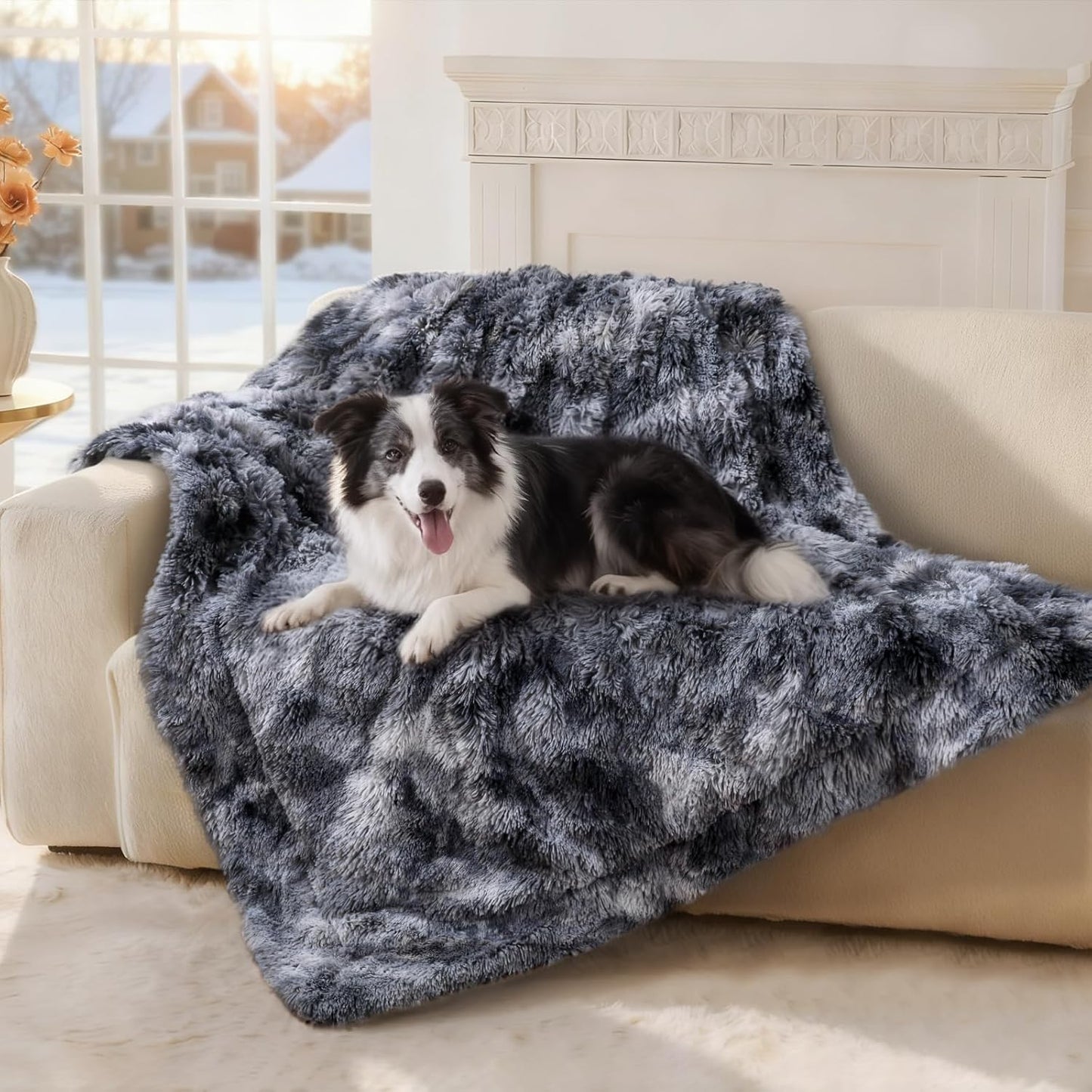 Luciphia Large Waterproof Dog Blanket for Pet Washable Liquid Proof Bed Intimacy Protection Shaggy Plush Calming Long Faux Fur Couch Cover Calming Cat Throw Blankets, Mist Grey, 50" x 60"