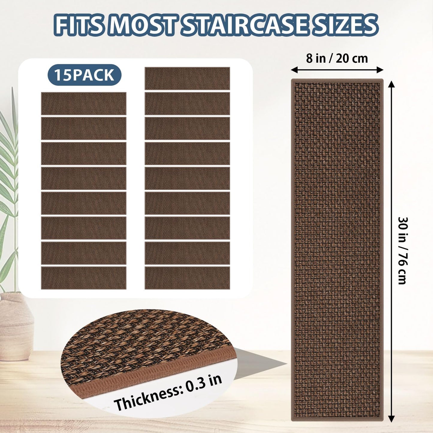 Peel and Stick Adhesive Stair Treads for Wooden Steps Indoor Set of 15 Pack, Rubber Backed Non Slip Jute Stair Rug Step Pads for Pet Dog, Elders and Kids, Beige