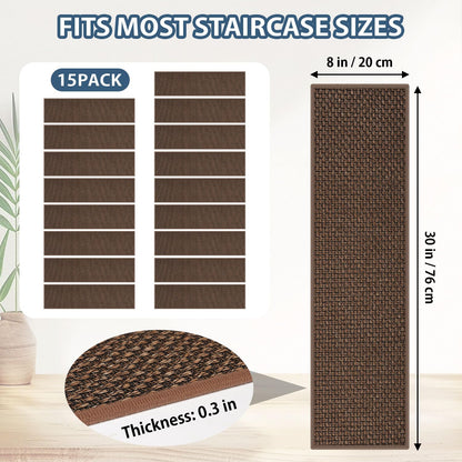 Peel and Stick Adhesive Stair Treads for Wooden Steps Indoor Set of 15 Pack, Rubber Backed Non Slip Jute Stair Rug Step Pads for Pet Dog, Elders and Kids, Beige