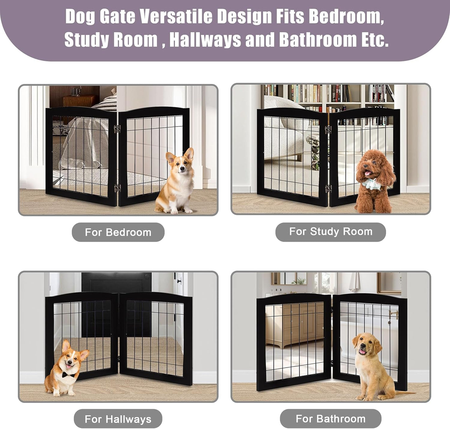 LZRS 2-Panel Freestanding Foldable Wood Dog Gate – Solid Wood & Steel Wire, Chew-Resistant Pet Barrier for Indoor Use, Ideal for Small to Medium Dogs, White