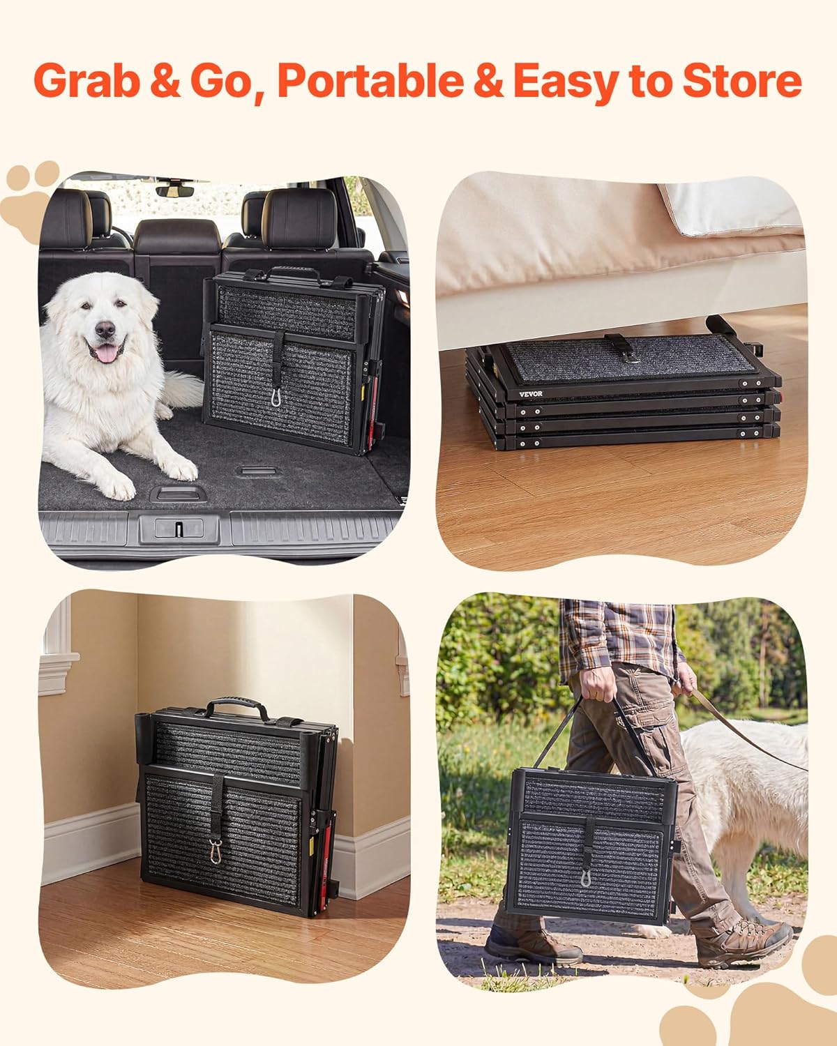 VEVOR Dog Stairs for Car, 4 Steps Extra Wide Foldable Dog Ramp for Large Dogs with Non-Slip Rug Surface, Portable Lightweight Pet Ladder for Car, SUV, Truck, High Beds, Sofas, Support up to 400 lbs