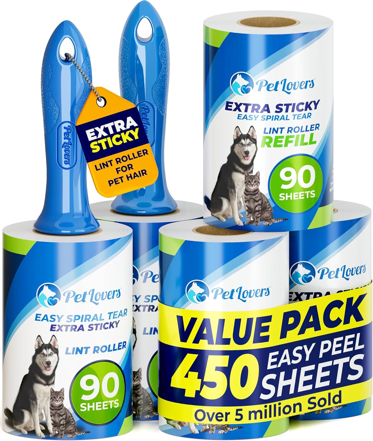 PetLovers Extra Sticky Lint Roller Mega Value Set 600 Sheets for Pet Hair Removal, Dog and Cat Lint Remover 6 Pack