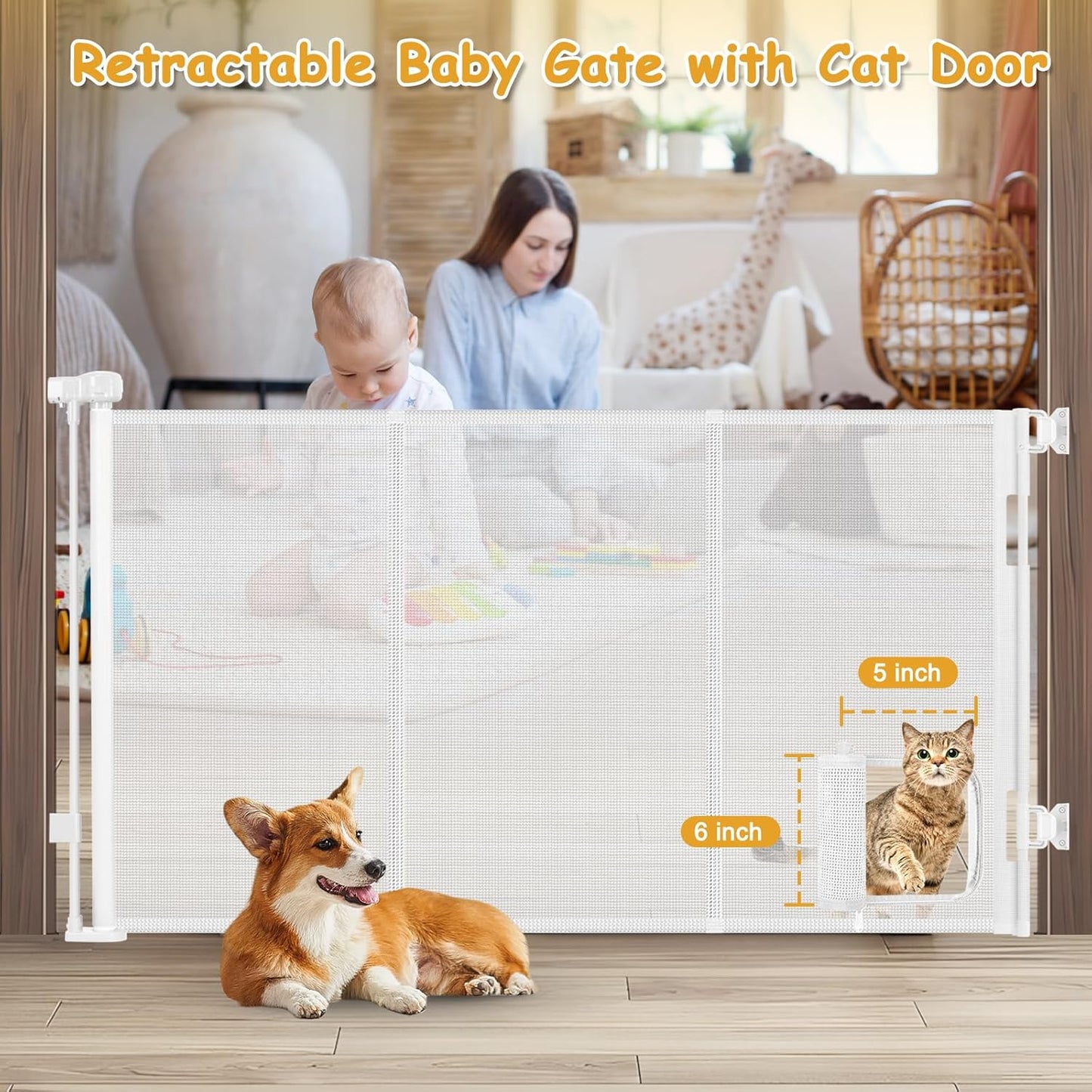 Reinforced 60” Wide Retractable Dog Gate with Cat Door Gates for Pets with Reinforced Strips 33” Tall Mesh Baby Gate Retractable Pet Gates for Dogs Indoor with Door Cats Can in and Out Freely, Gray