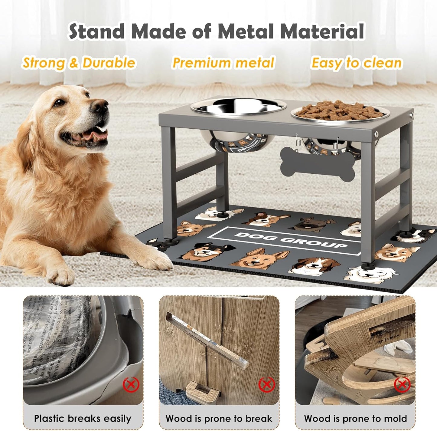 ADENGL Elevated Dog Bowls, 10" Tall Height, Raised Bowl Stand with 2 Stainless Steel Food Feeder Bowls (58oz) and Spill-Proof Mat for Medium Large and Small Breeds