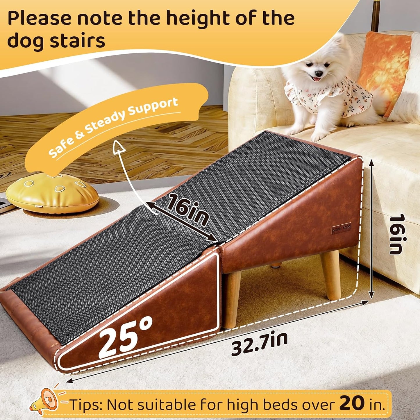 Dog Stairs for Small Dogs and Cats 16" H - with Encrypted Dot-Grip Non-Slip Surface, 2-in-1 Pet Ramp & Steps for Bed/Couch, Foldable Split Ottoman with Solid Wood Frame, Sturdy & Portable for Puppies