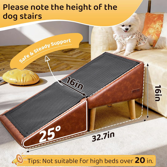Dog Stairs for Small Dogs and Cats 16" H - with Encrypted Dot-Grip Non-Slip Surface, 2-in-1 Pet Ramp & Steps for Bed/Couch, Foldable Split Ottoman with Solid Wood Frame, Sturdy & Portable for Puppies