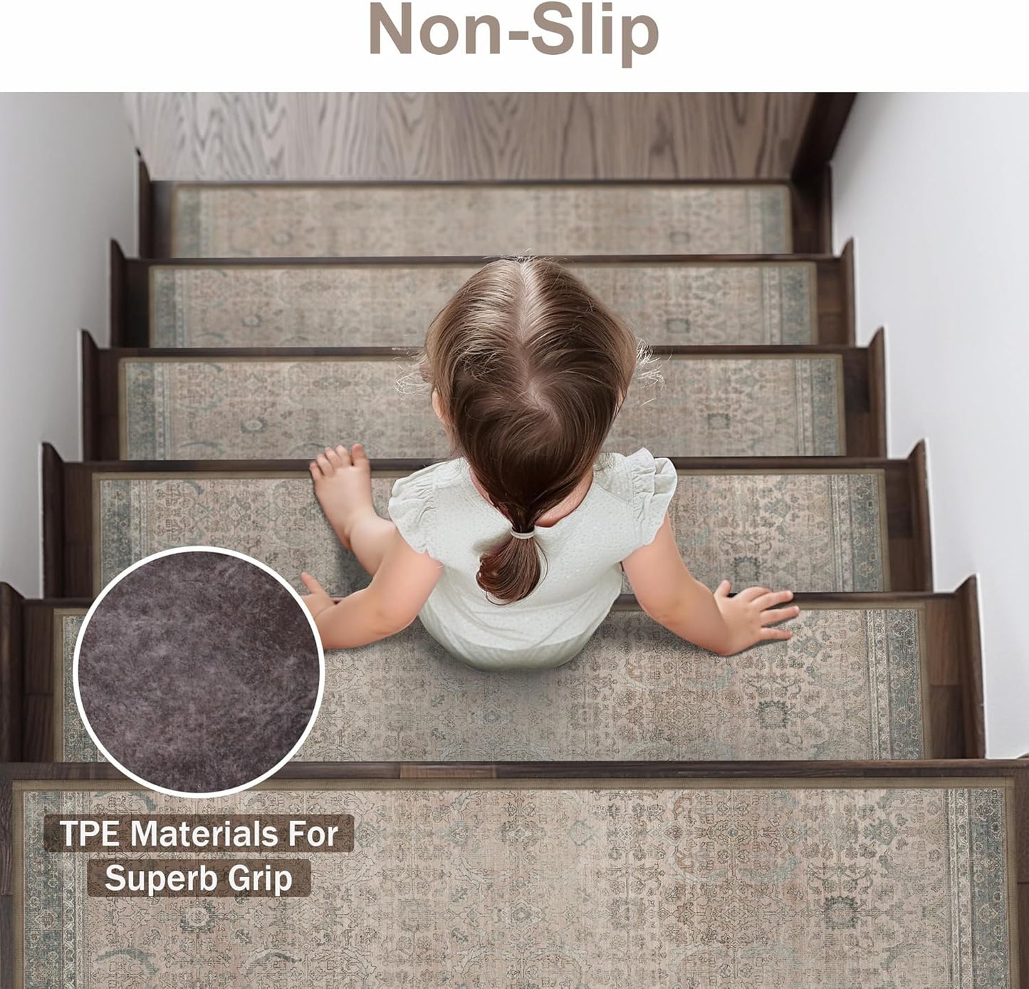 sarben Non Slip Stair Treads for Wooden Steps 15PCS - 8"x30" Indoor Safety Carpet, Edging Mats with TPE Adhesive Backing, Pet and Elderly Friendly Stair Rugs (Taupe) - Colors A