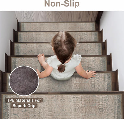 sarben Non Slip Stair Treads for Wooden Steps 15PCS - 8"x30" Indoor Safety Carpet, Edging Mats with TPE Adhesive Backing, Pet and Elderly Friendly Stair Rugs (Taupe) - Colors A