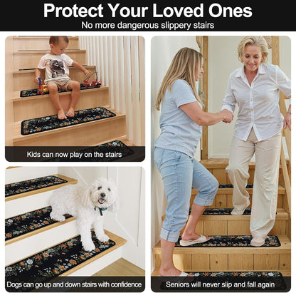 OJIA Floral Stair Treads Non-Slip Carpet Stair Treads for Wooden Steps Indoor 15PCS 30"x8" Stair Runner Stair Mats Staircase Step Treads for Kids, Elders and Dogs, Stair Covers, Black