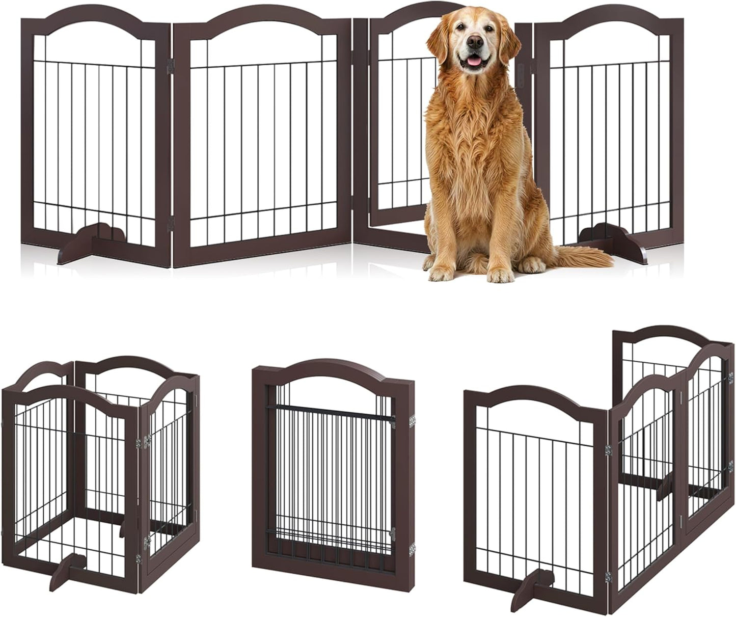 Vantas Espresso Wooden Folding Dog Gate 144" Wide x 30" Tall with Door, Freestanding Pet Gate, Pet Puppy Safety Fence