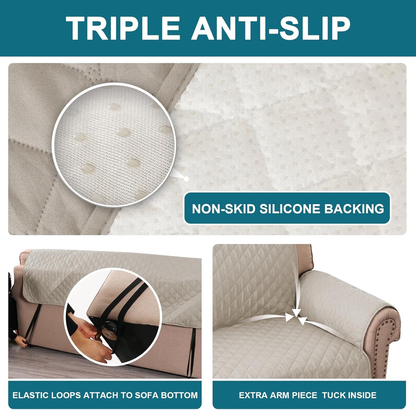 Turquoize 100% Waterproof Sofa Covers Couch Cover Sofa Cover for Dogs Couch Protector Triple Non-Slip Sofa Slipcover for 3 Cushion Couch Furniture Protector for Pets, Kids,Dog (Sofa 70", Ivory)