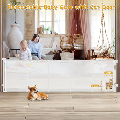 Reinforced 120 Inch Wide Retractable Baby Gates Extra Wide Pet Gate with Cat Door 10ft Extra Long Baby Gates for Large Openings 33 Inch Tall Reinforced Strips Retractable Dog Gate with Cat Door, Black