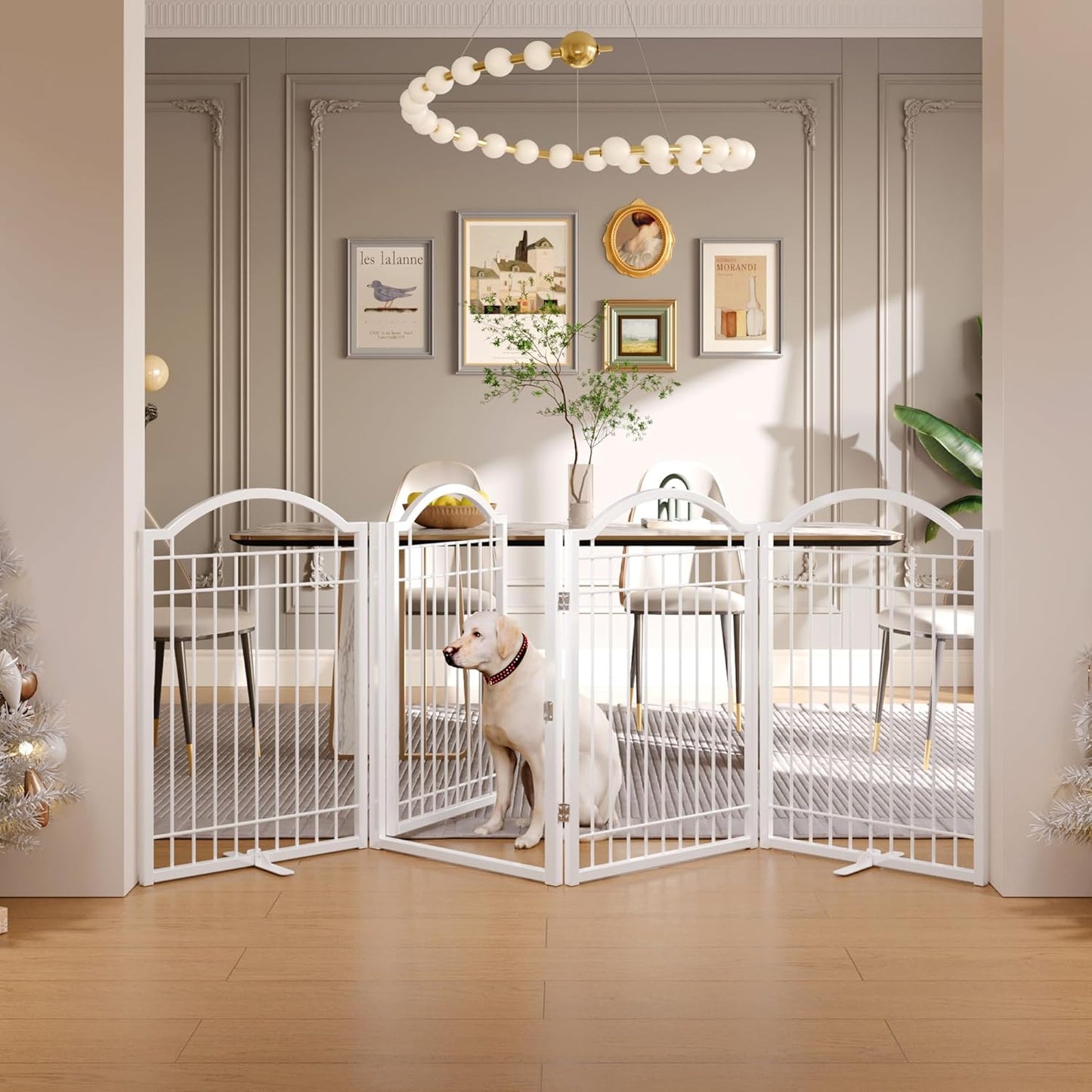 BHG Metal No-Assembly Freestanding Dog Gate with Door Walk Through, Extra Wide 144", Extra Tall 32" Pet Gate, Accordion Puppy Folding Playpen Dog Fence, with 2PCS Support (Black, 6 panesl)
